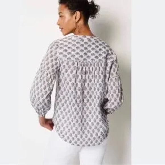 J. Jill Madeira Pintuck Paisley Blouse Puff Sleeve Top-Light Blue-Women Medium - Picture 2 of 8